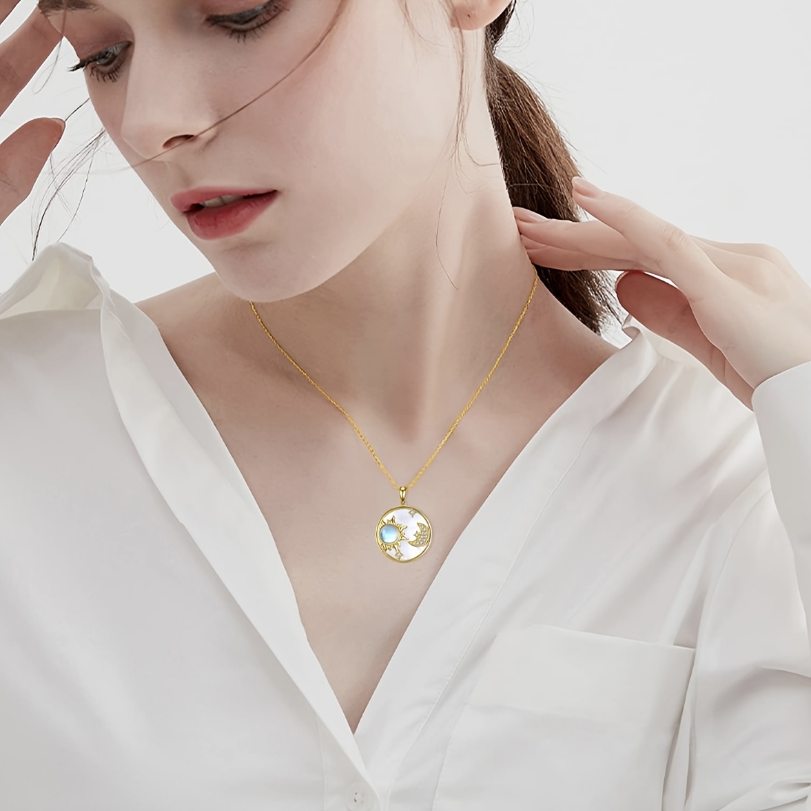 Women's S925 Pendant Necklace with Moonstone Inlaid Shell Sun Moon Star Pendant